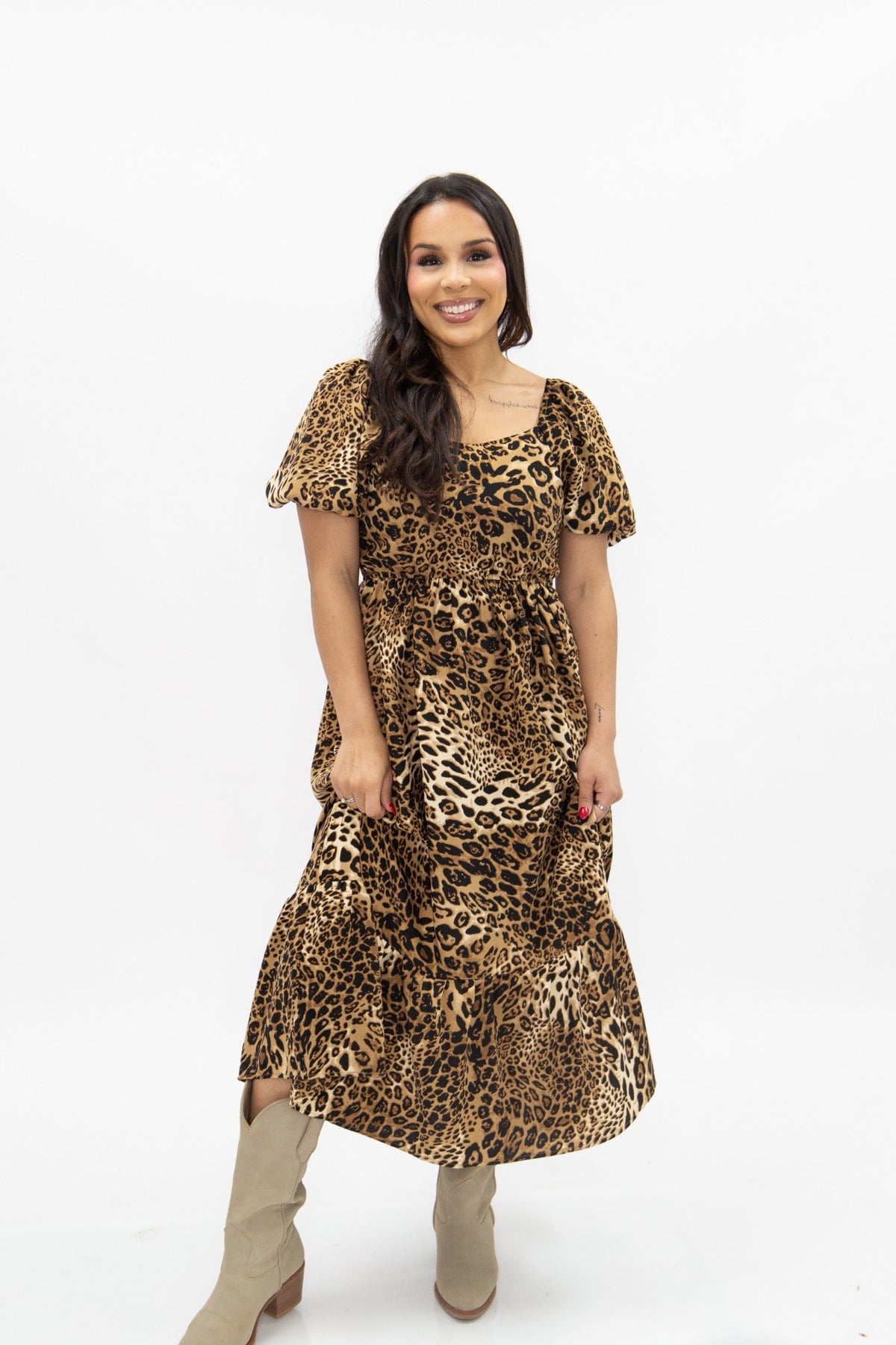 The Lyra Puff Sleeve Midi Dress, Leopard