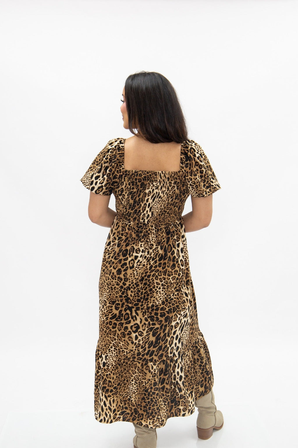 The Lyra Puff Sleeve Midi Dress, Leopard