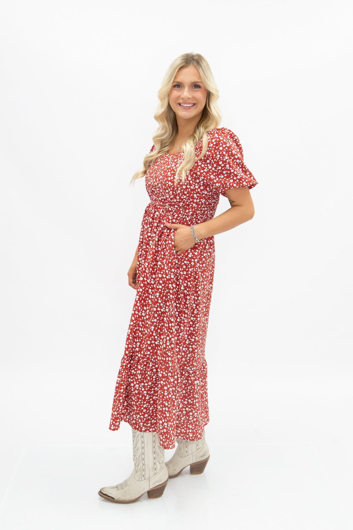 The Laurel Puff Sleeve Midi Dress, Red Floral