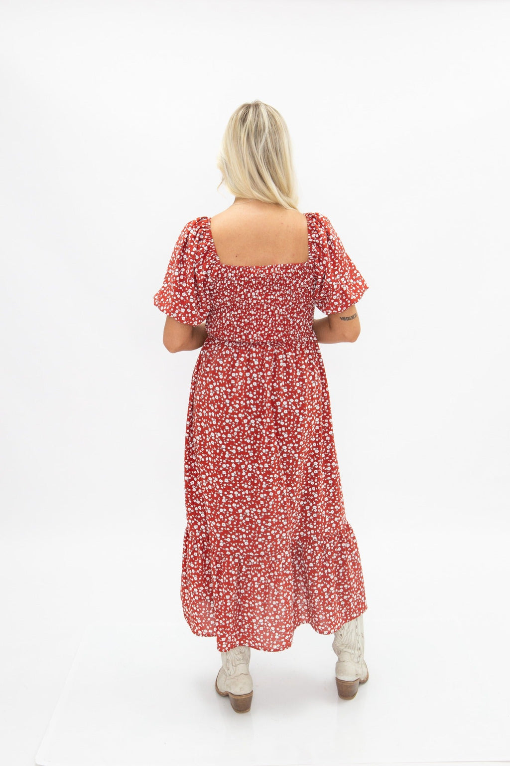 The Laurel Puff Sleeve Midi Dress, Red Floral