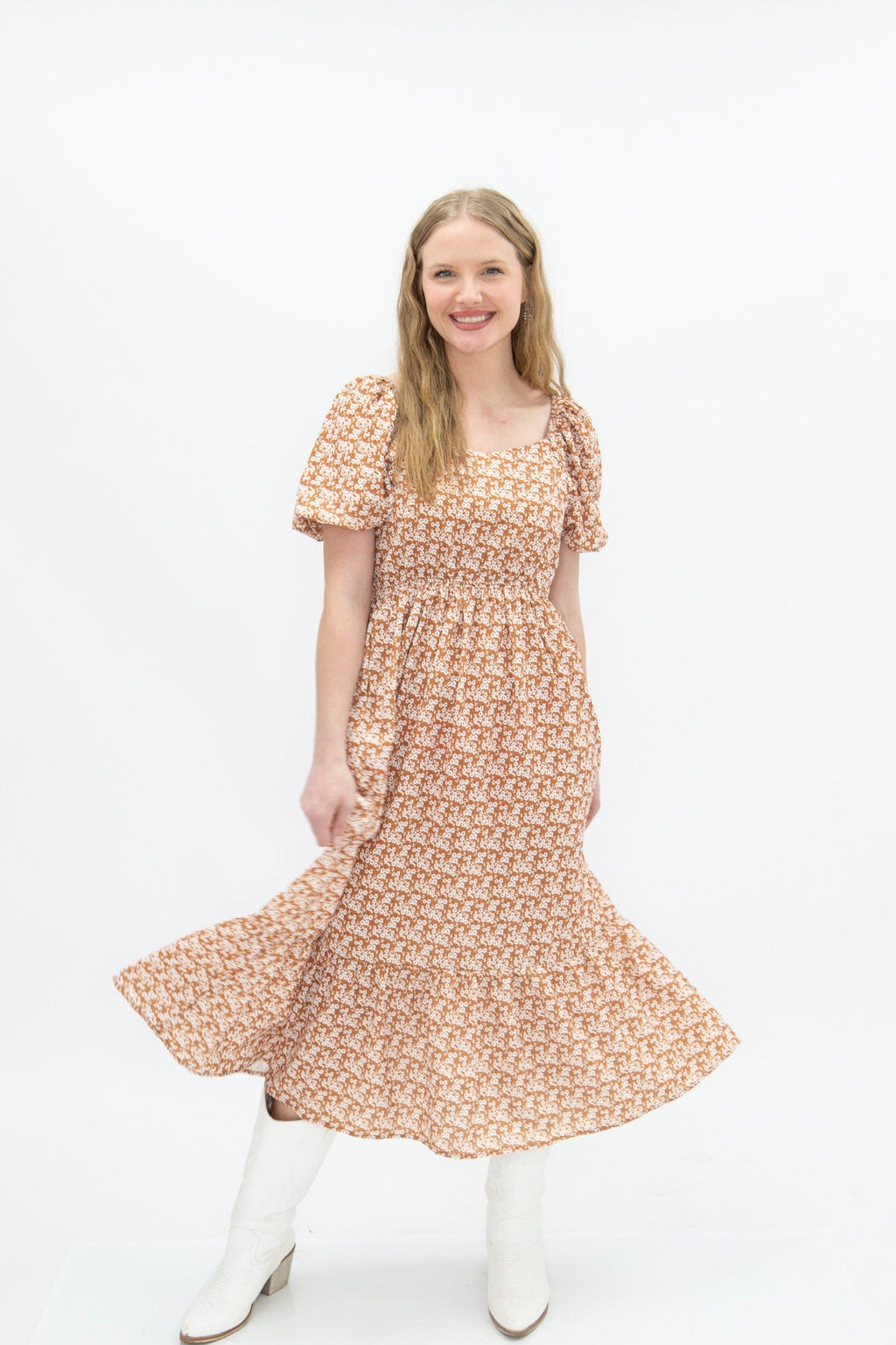 The Kendall Puff Sleeve Midi Dress, Rust Floral