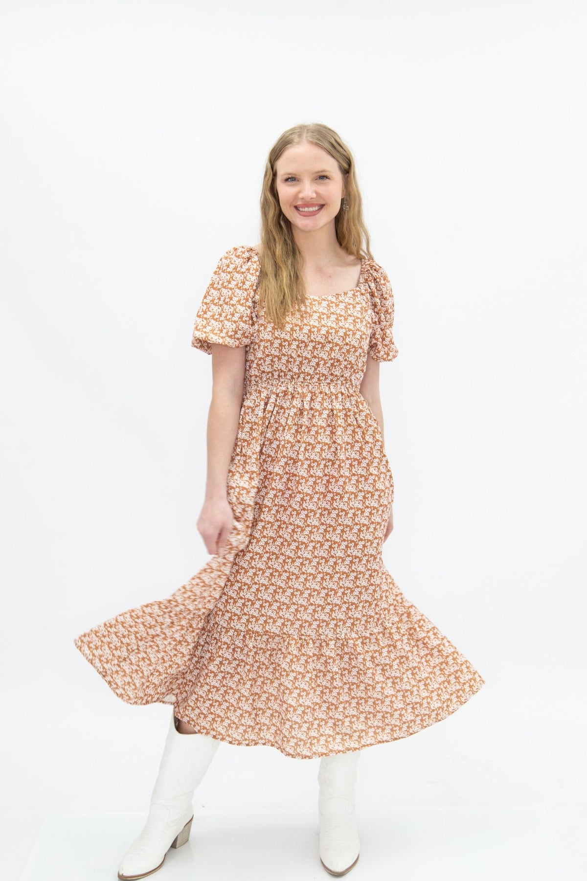 The Kendall Puff Sleeve Midi Dress, Rust Floral