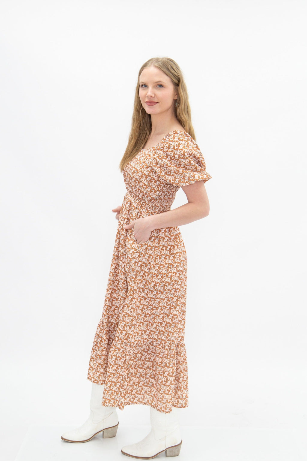 The Kendall Puff Sleeve Midi Dress, Rust Floral