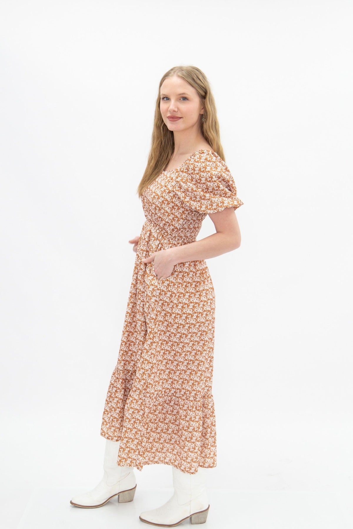 The Kendall Puff Sleeve Midi Dress, Rust Floral