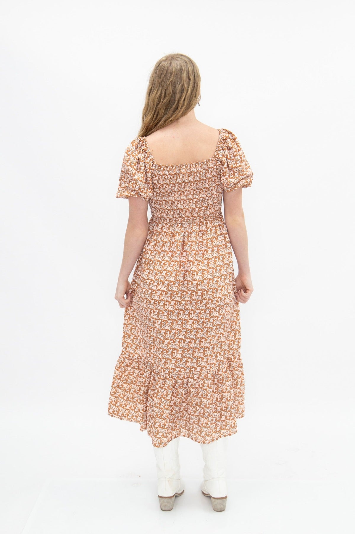 The Kendall Puff Sleeve Midi Dress, Rust Floral