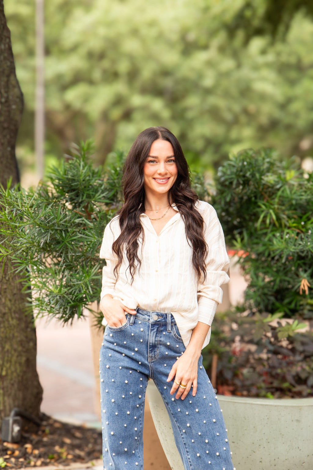 The Kathryn Button-Up, Beige Stripes