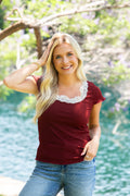 The Kenzie Square Neck Tee with Lace Trim, Maroon
