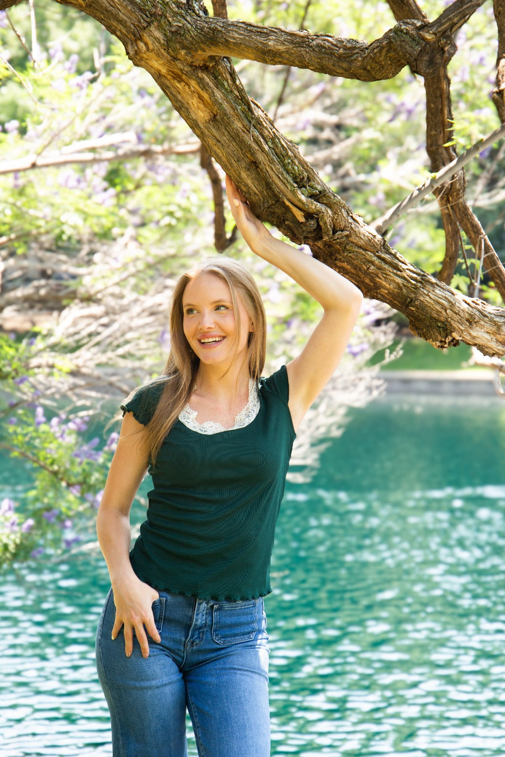 The Kenzie Square Neck Tee with Lace Trim, Forest Green