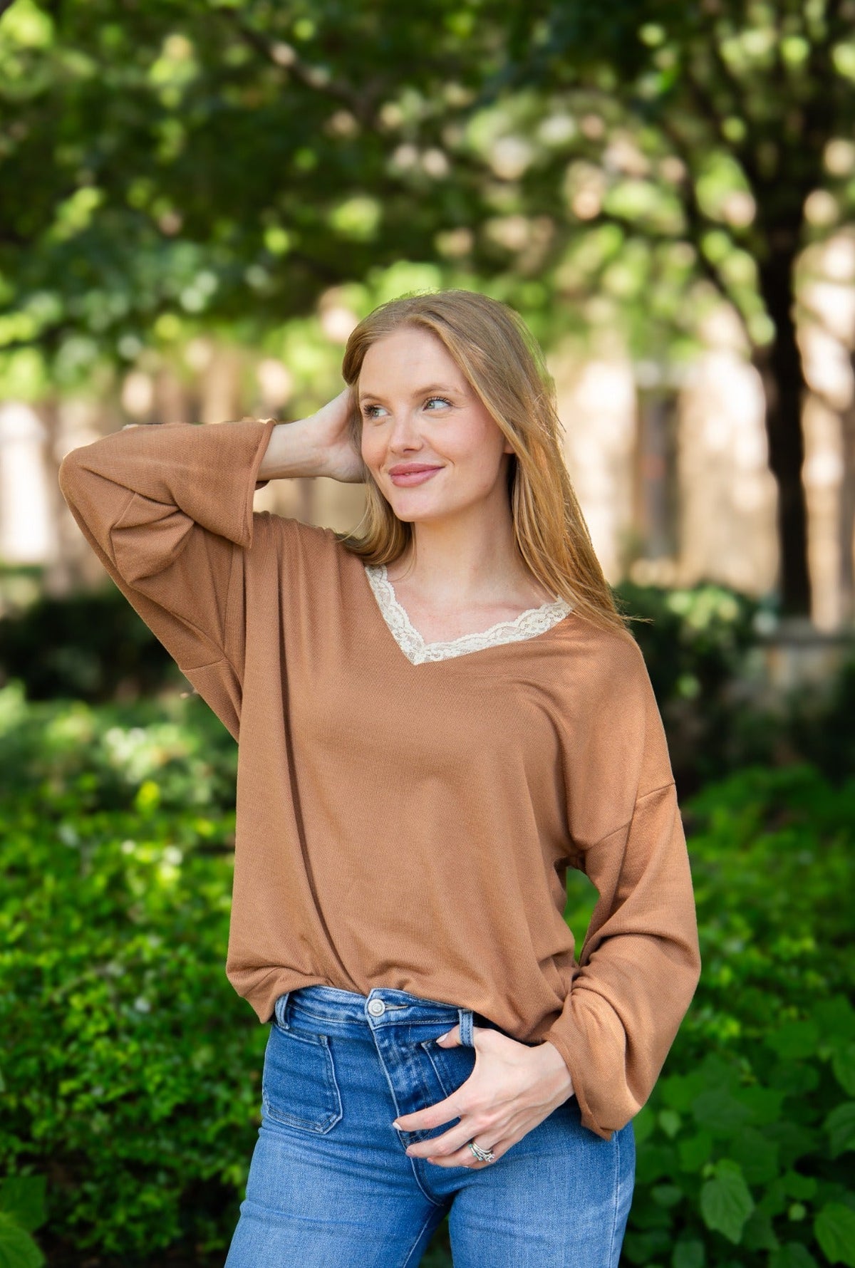 The Tatum V-Neck Top with Lace Trim, Brown