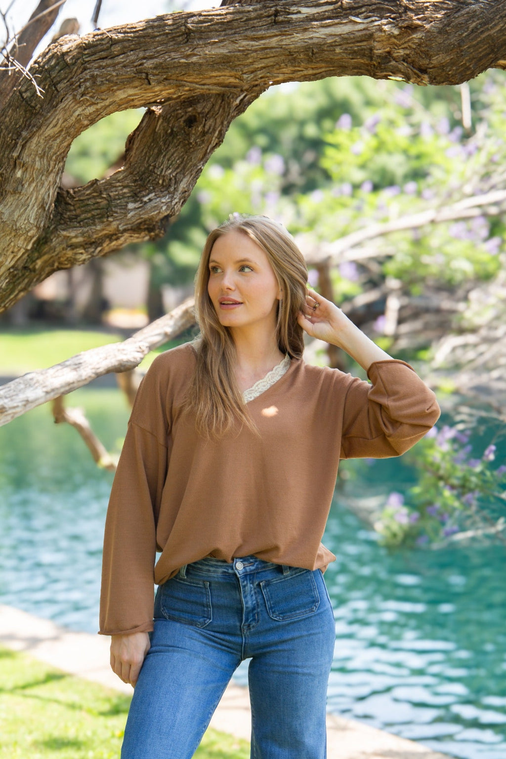 The Tatum V-Neck Top with Lace Trim, Brown