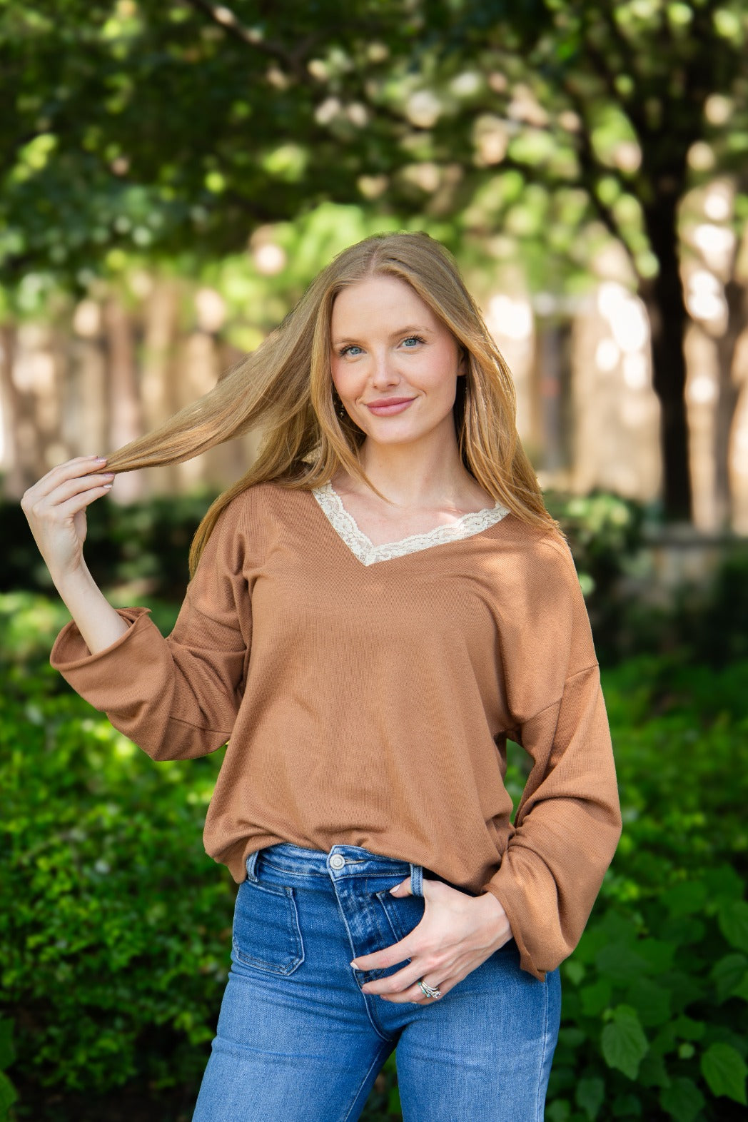 The Tatum V-Neck Top with Lace Trim, Brown