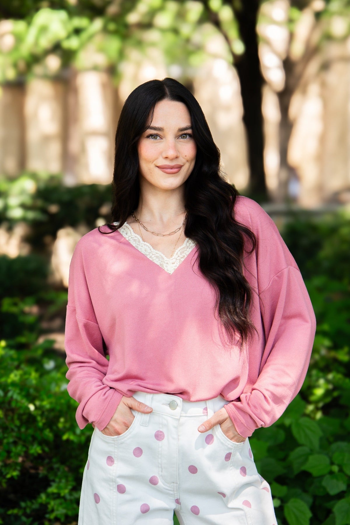 The Tatum V-Neck Top with Lace Trim, Dusty Rose