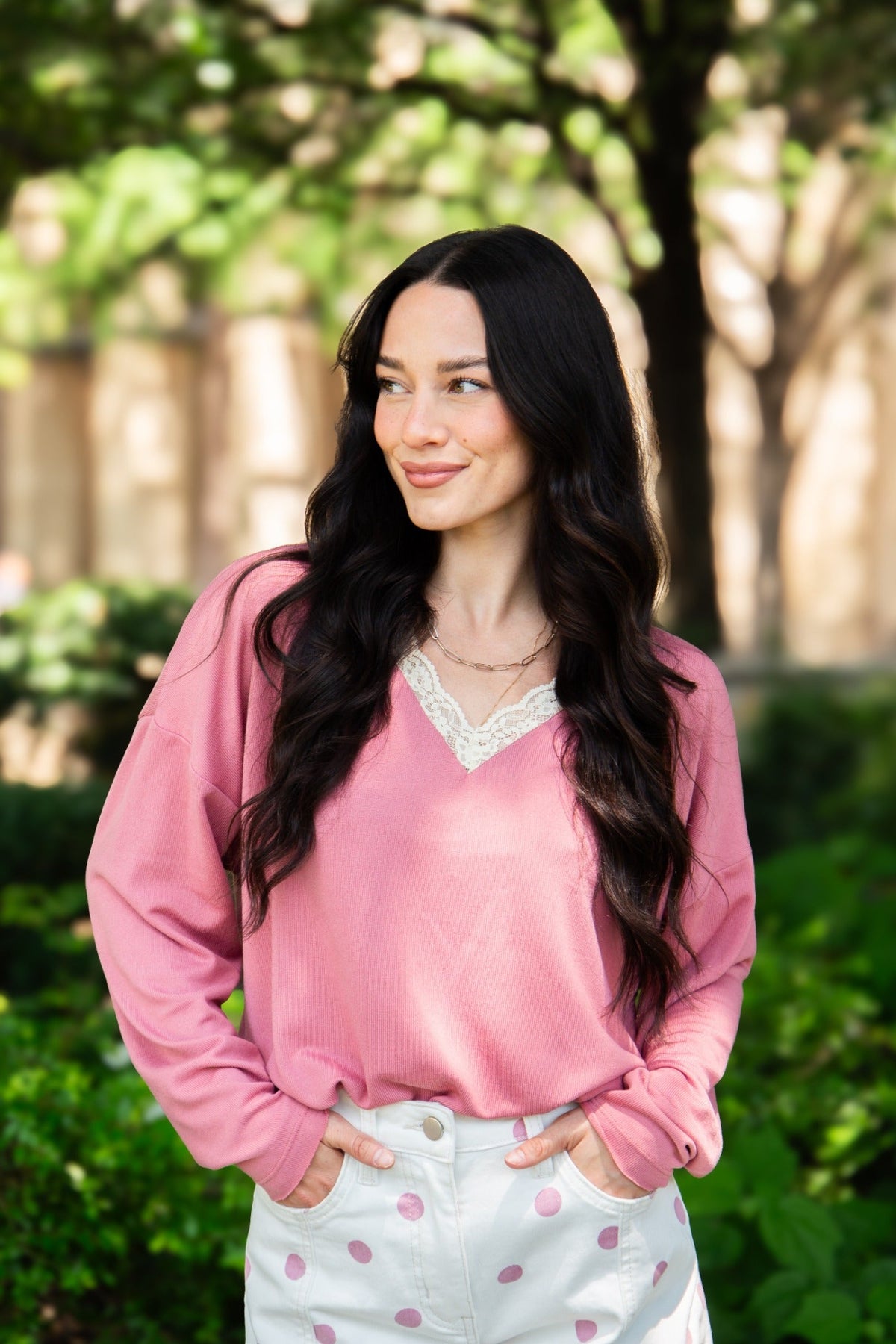 The Tatum V-Neck Top with Lace Trim, Dusty Rose