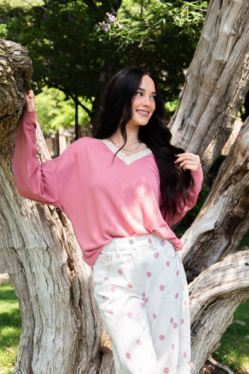 The Tatum V-Neck Top with Lace Trim, Dusty Rose