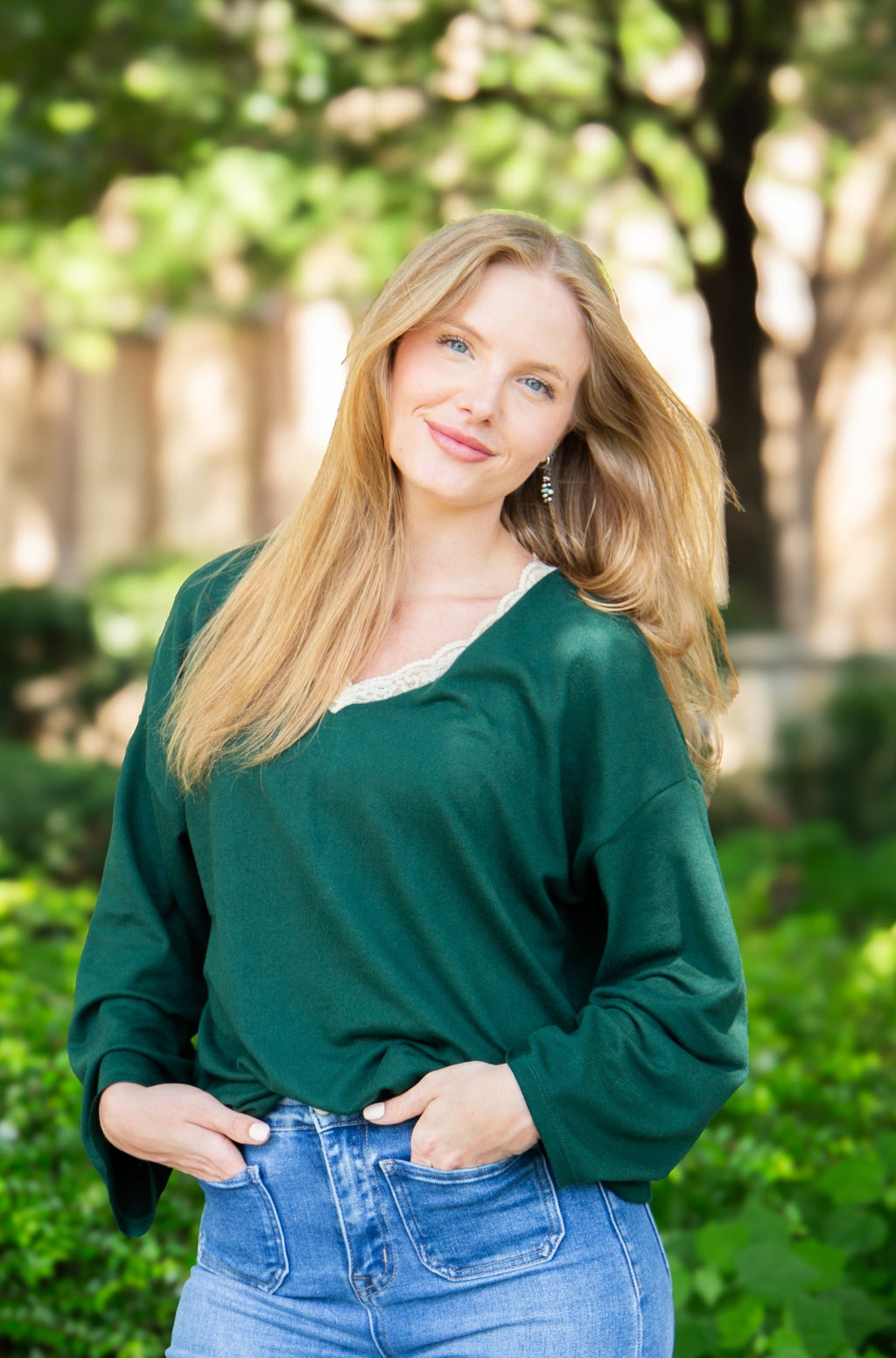 The Tatum V-Neck Top with Lace Trim, Forest Green