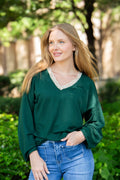 The Tatum V-Neck Top with Lace Trim, Forest Green