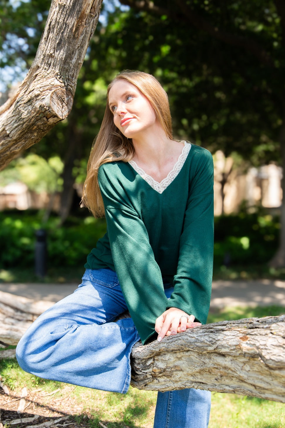 The Tatum V-Neck Top with Lace Trim, Forest Green