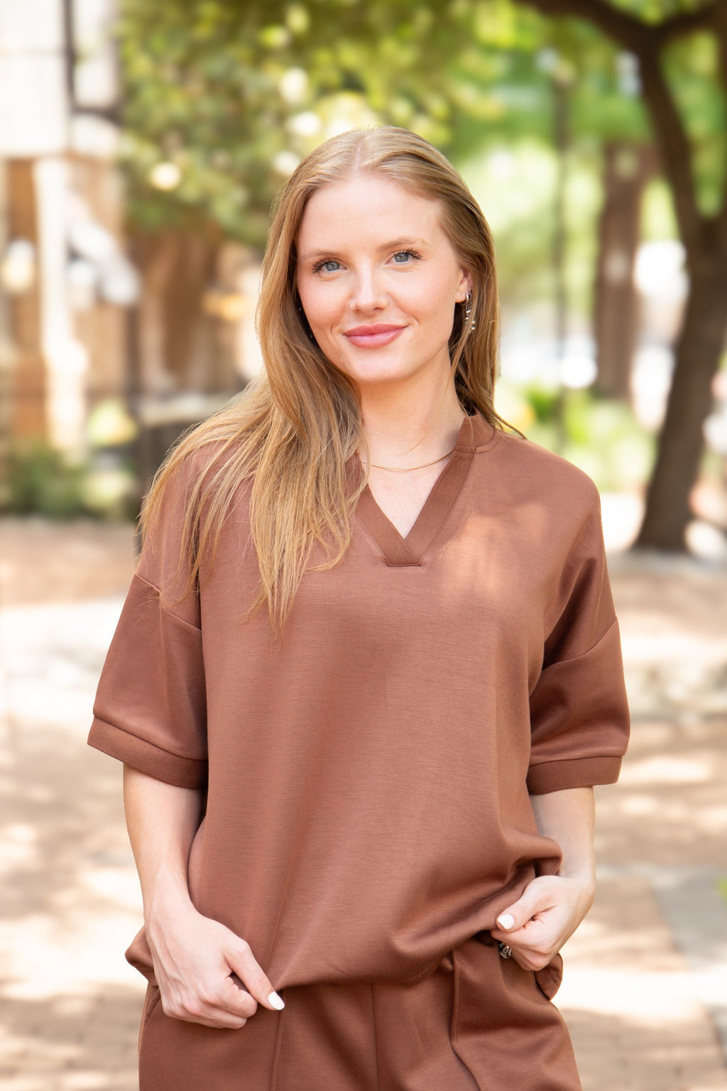 The Amelia Butter Soft V-Neck Top, Brown