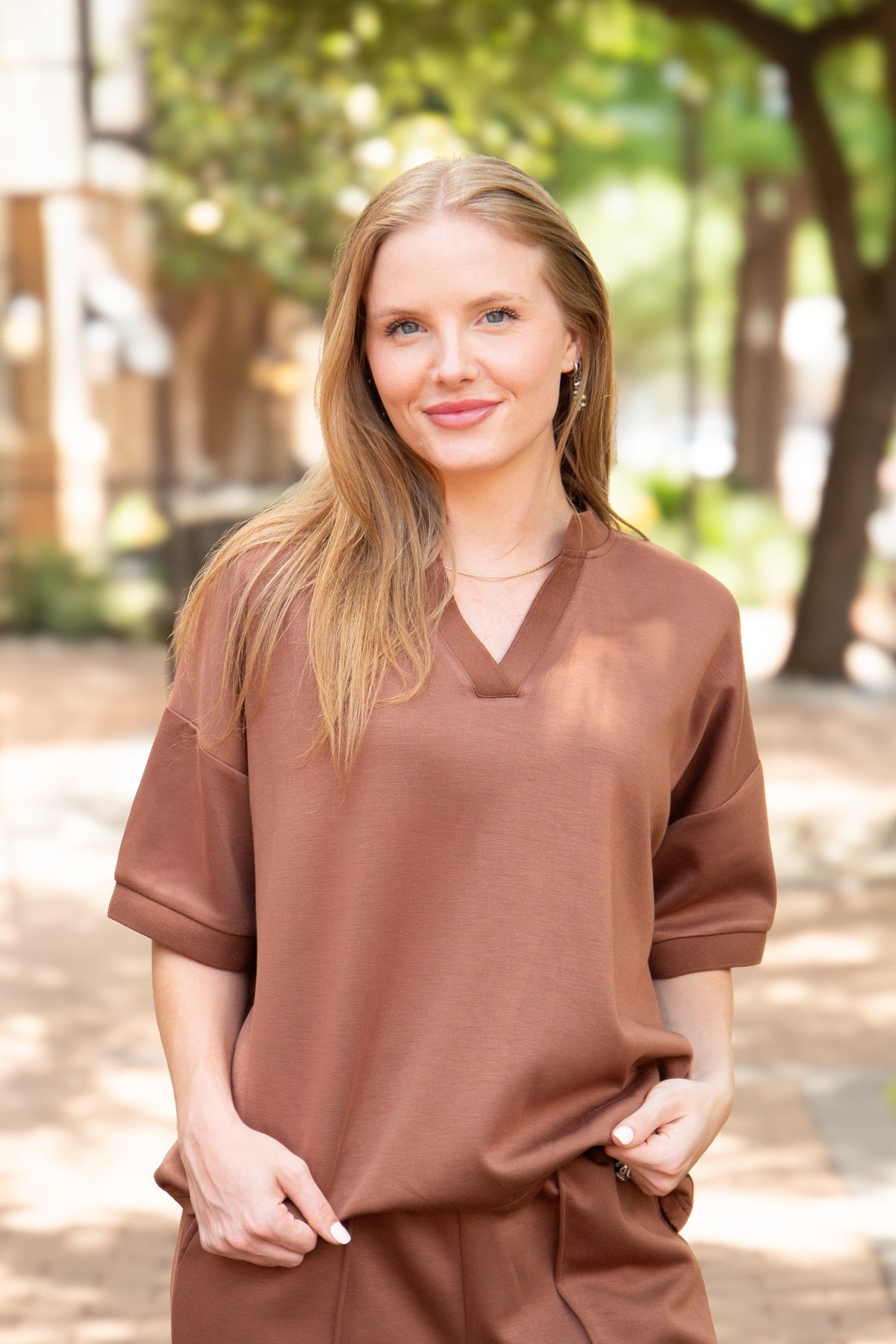 The Amelia Butter Soft V-Neck Top, Brown