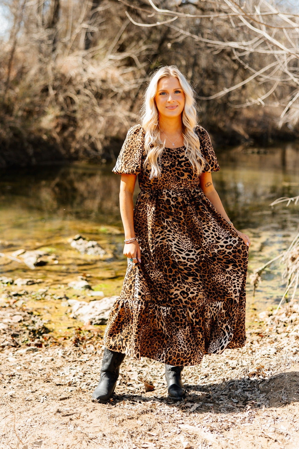 The Lyra Puff Sleeve Midi Dress, Leopard