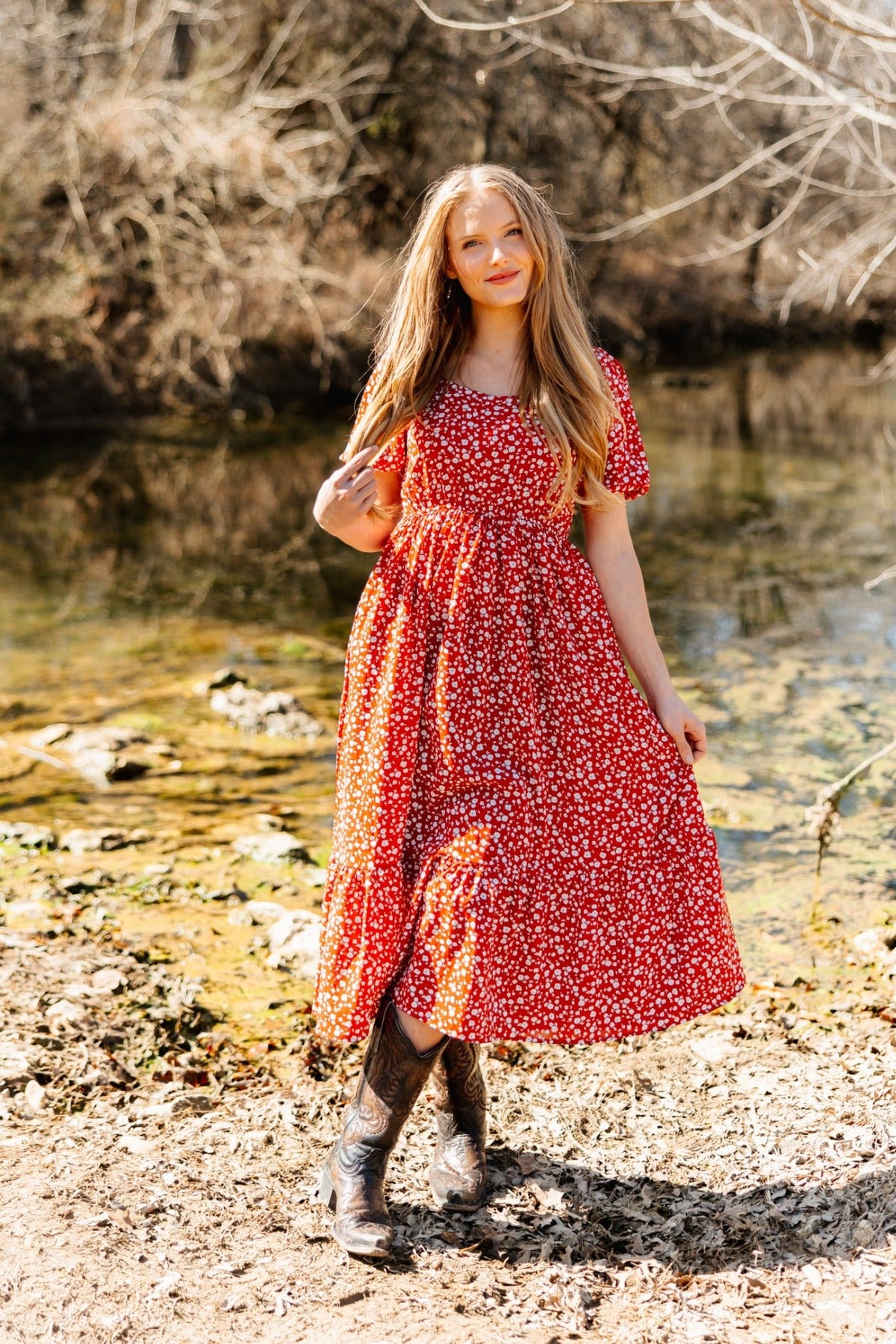 The Laurel Puff Sleeve Midi Dress, Red Floral