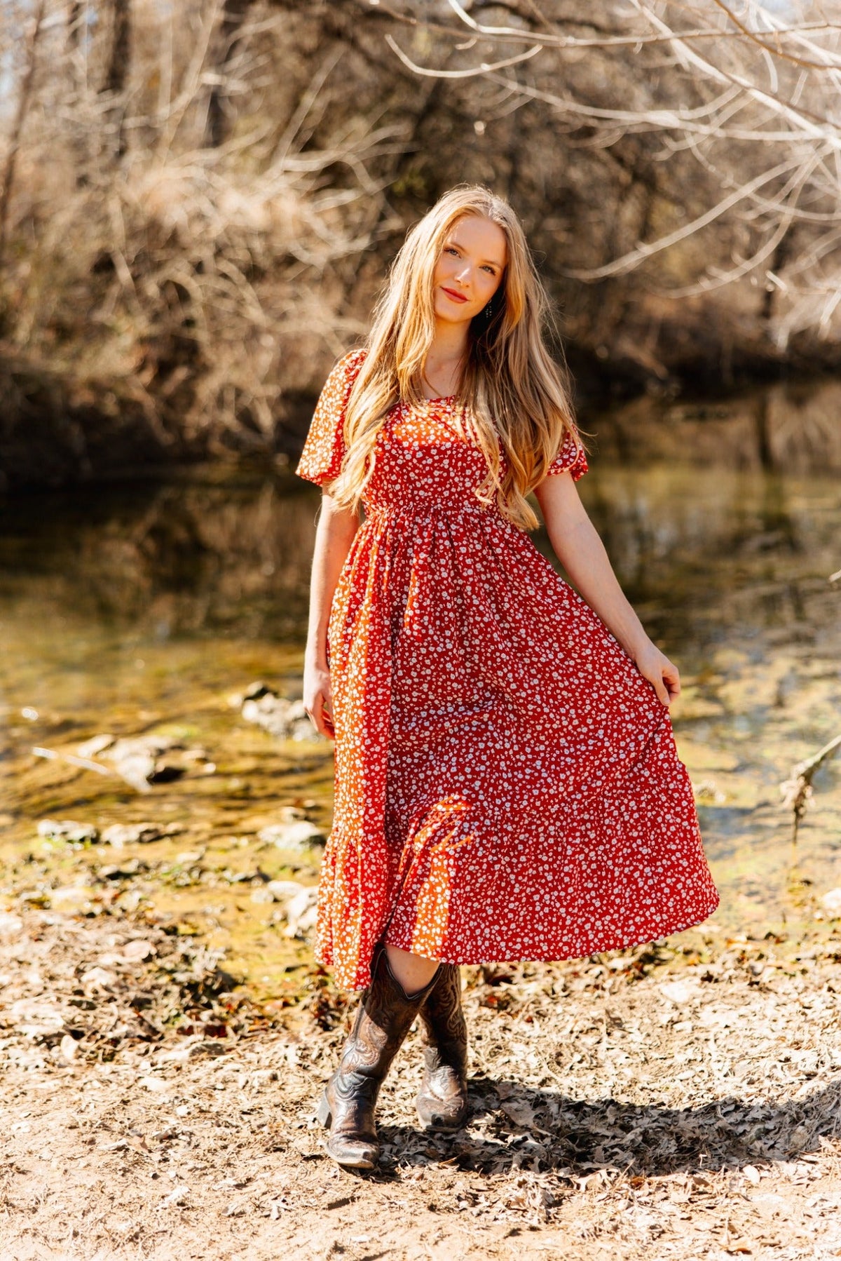 The Laurel Puff Sleeve Midi Dress, Red Floral