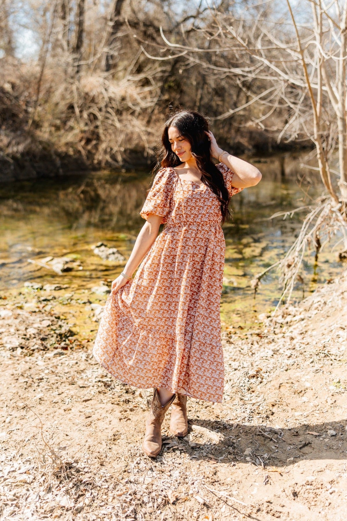 The Kendall Puff Sleeve Midi Dress, Rust Floral