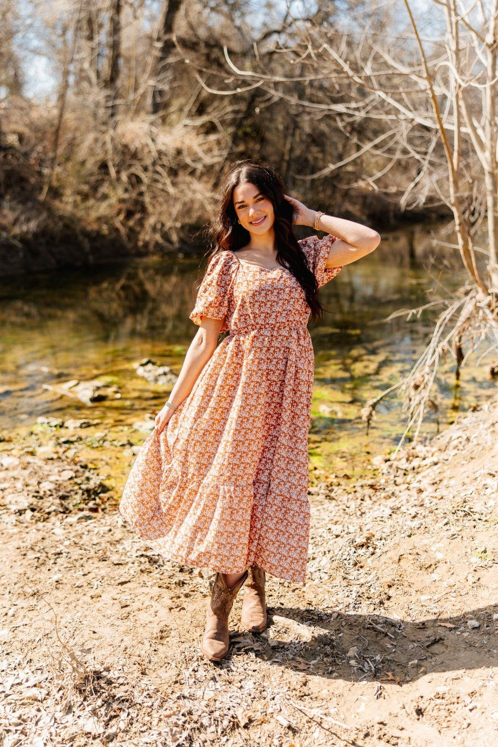 The Kendall Puff Sleeve Midi Dress, Rust Floral