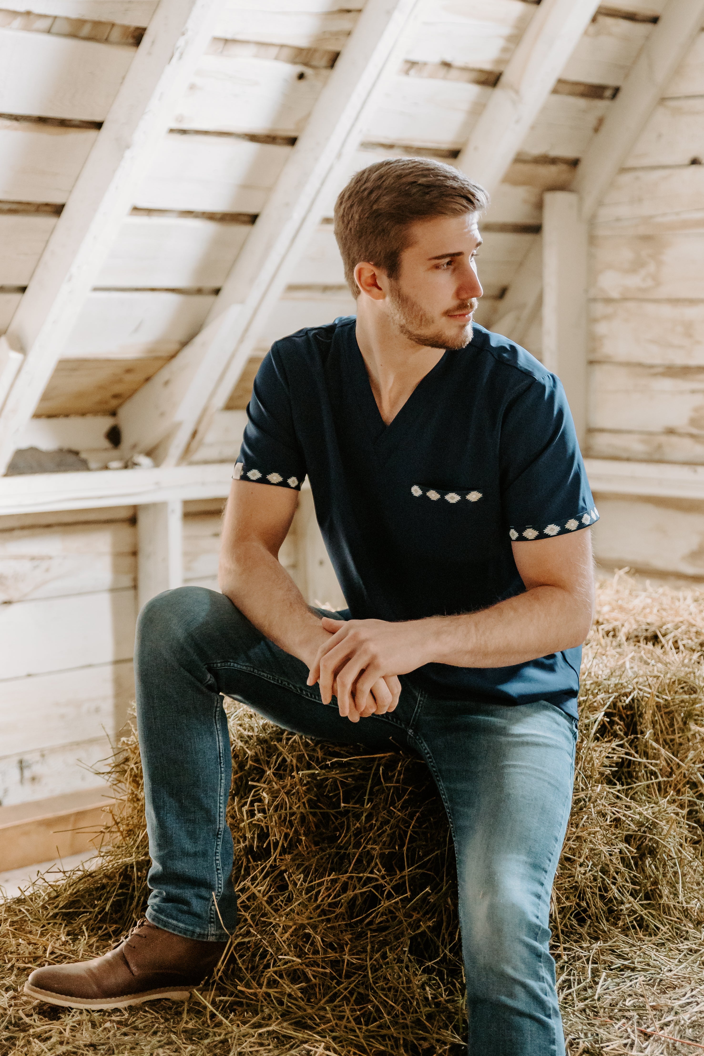 Men's Simple Navy Aztec Scrub Top