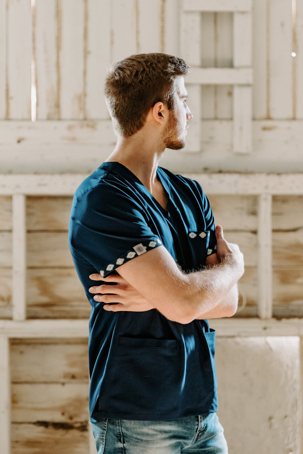 Men's Simple Navy Aztec Scrub Top