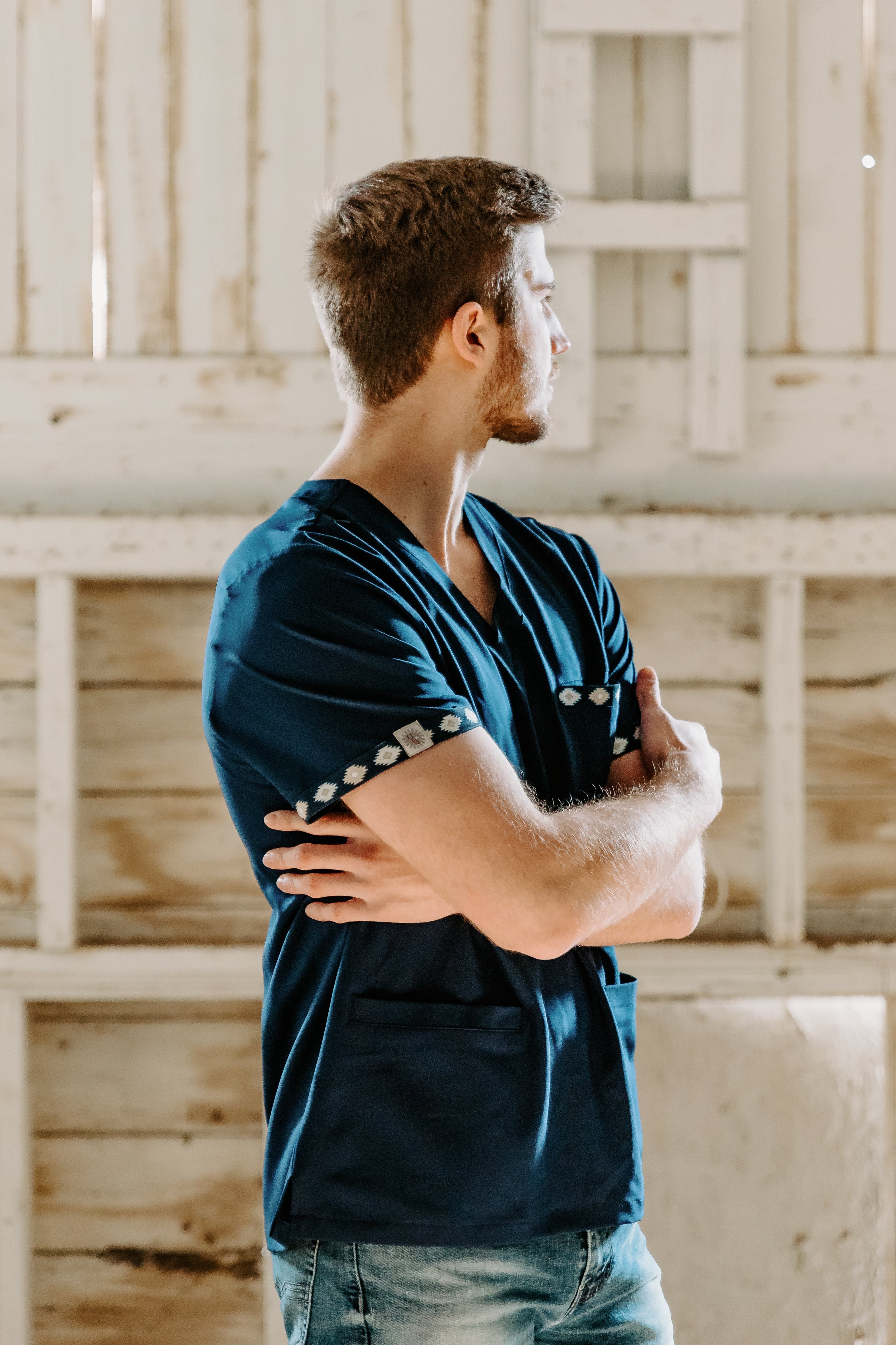 Men's Simple Navy Aztec Scrub Top