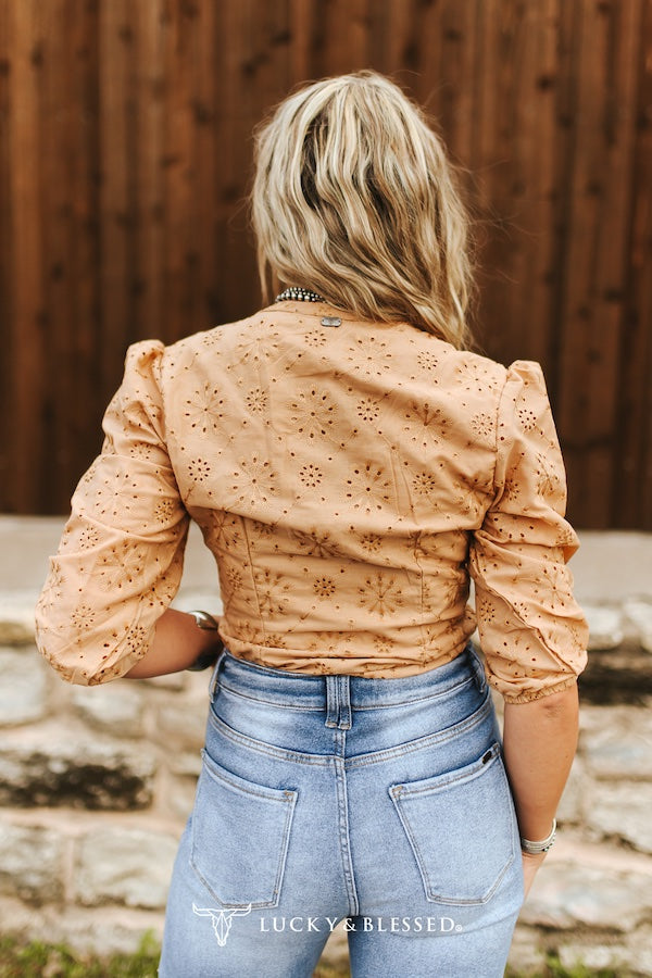 The Prairie Rose Eyelet Top — Camel Pearl Snap V-Neck