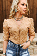 The Prairie Rose Eyelet Top — Camel Pearl Snap V-Neck