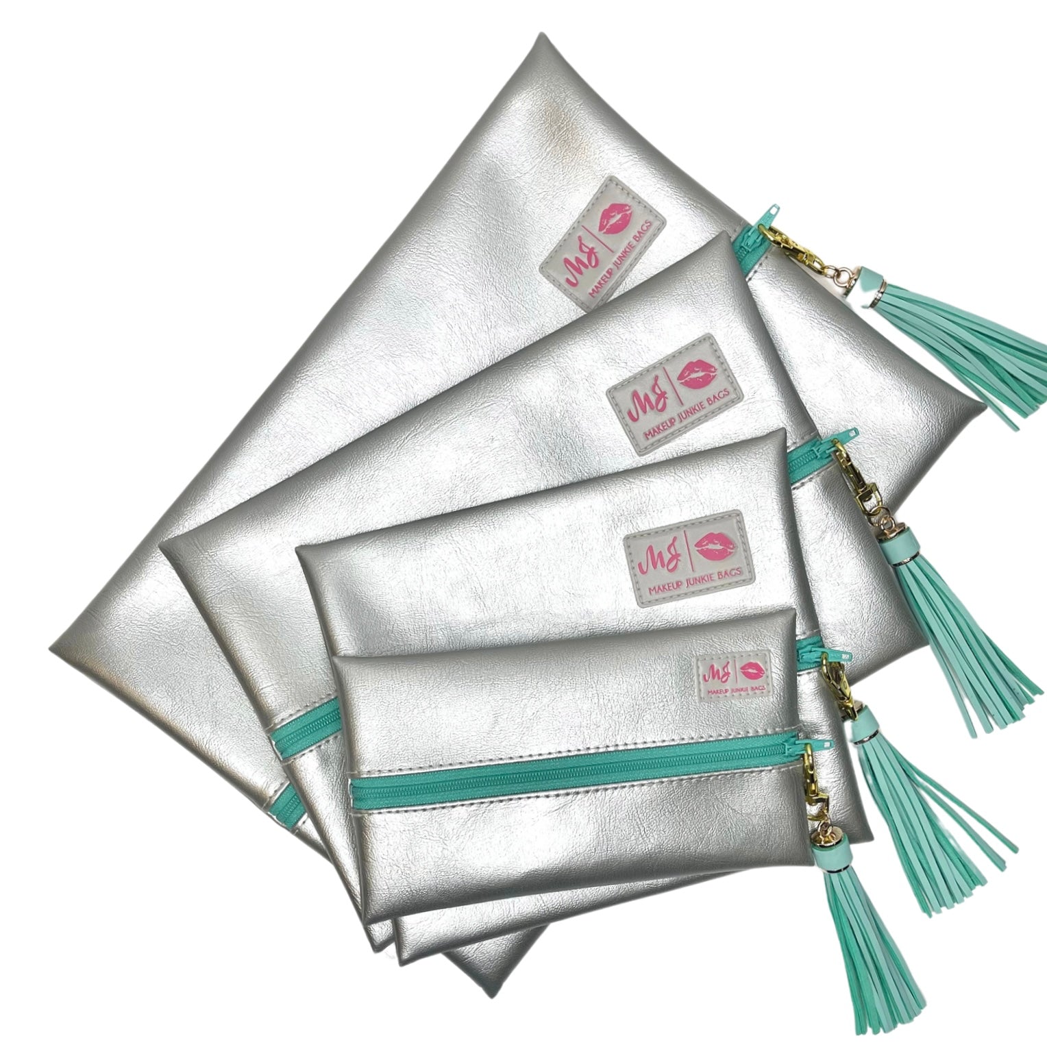 Makeup Junkie | Flat Lay Spill Resistant Bag : Silver Lining - Mint