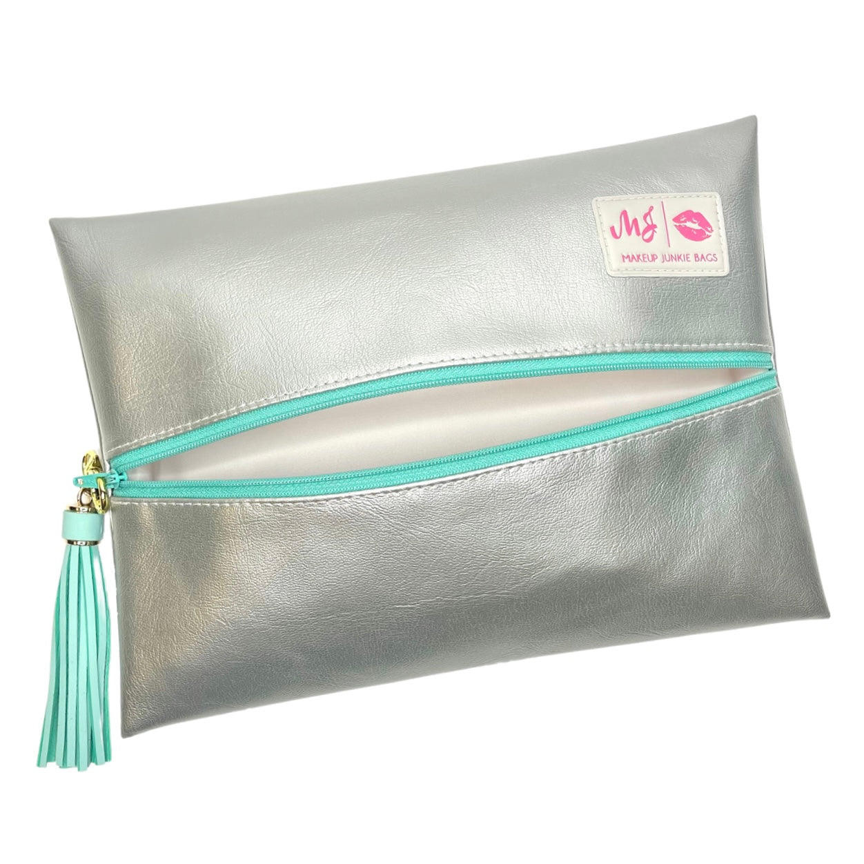 Makeup Junkie | Flat Lay Spill Resistant Bag : Silver Lining - Mint