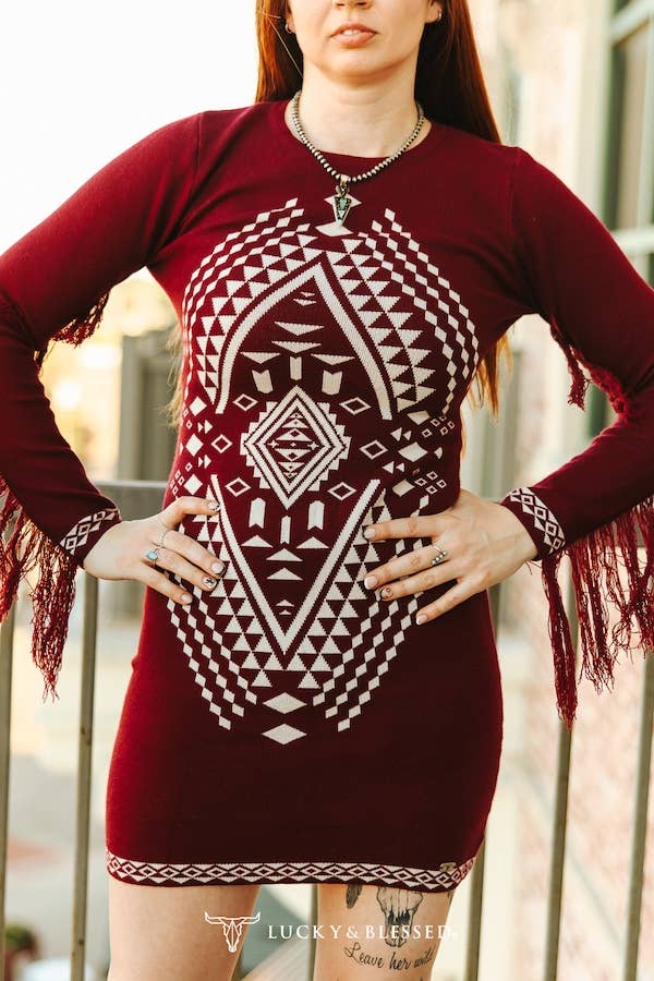The Calliope Wine & Ivory Aztec Fringe Knit Dress