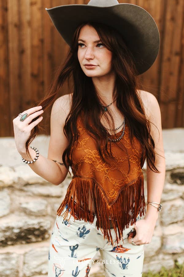 The Ivy Camel Lace Fringe Halter Top