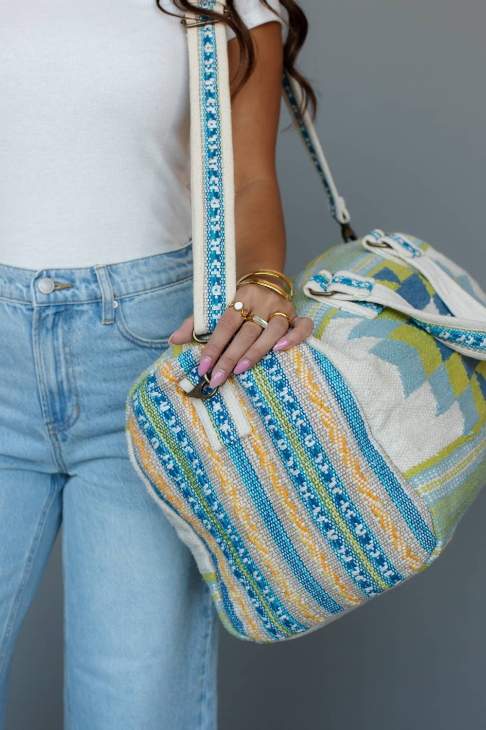 Southwestern Print Cotton Duffel Bag — Cream, Blue & Lime