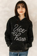The Frankie Black Mineral Wash Yeehaw Embroidered Detail Hoodie XL-3XL