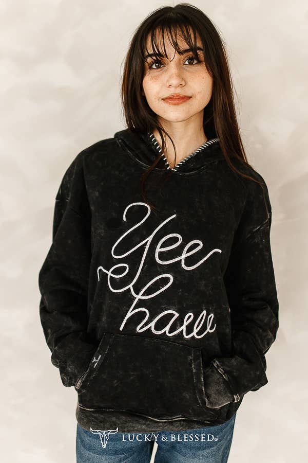 The Frankie Black Mineral Wash Yeehaw Embroidered Detail Hoodie XL-3XL
