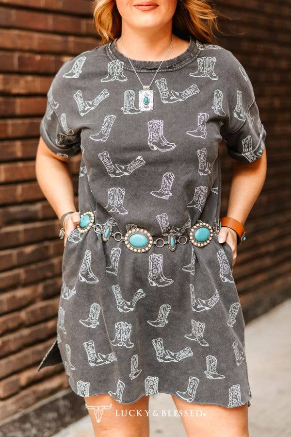 PLUS | The Isla Grey Charcoal Mineral Washed Western Boots Printed Dress XL-3XL