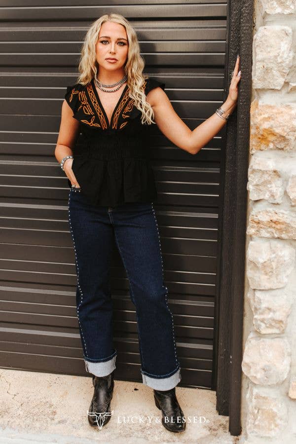 The Eden New Black Camel Embroidered Smocked Waist Ruffle Blouse