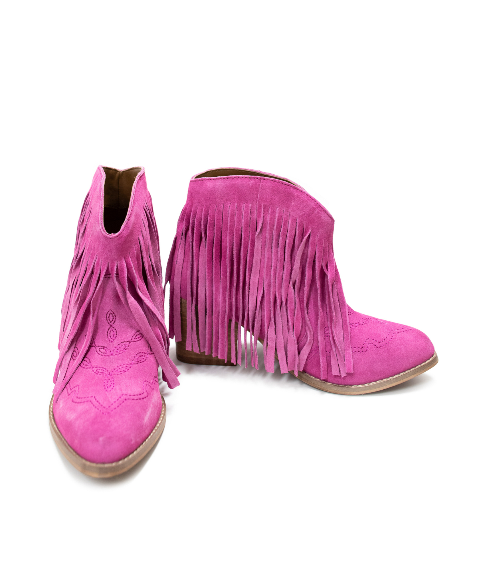 The Amos Fringe Ankle Bootie in Magenta Suede