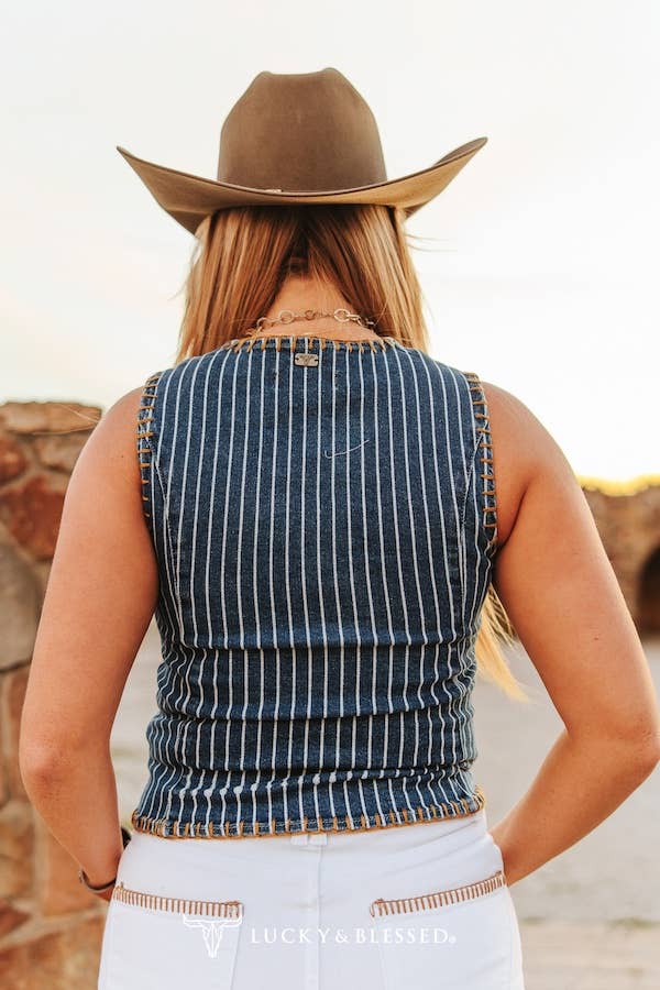 The Janelle Mid Wash Stripe Lazer Printed Camel Contrast Stitch Hem Vest
