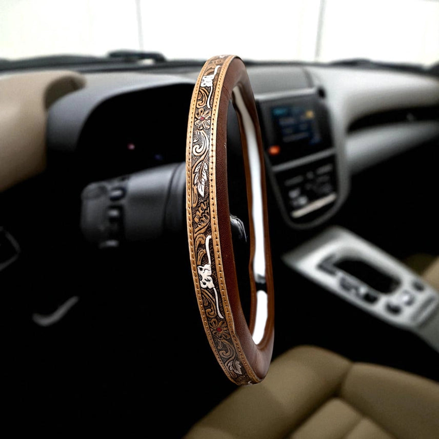 Longhorn Tooled Leather Steering Wheel Cover