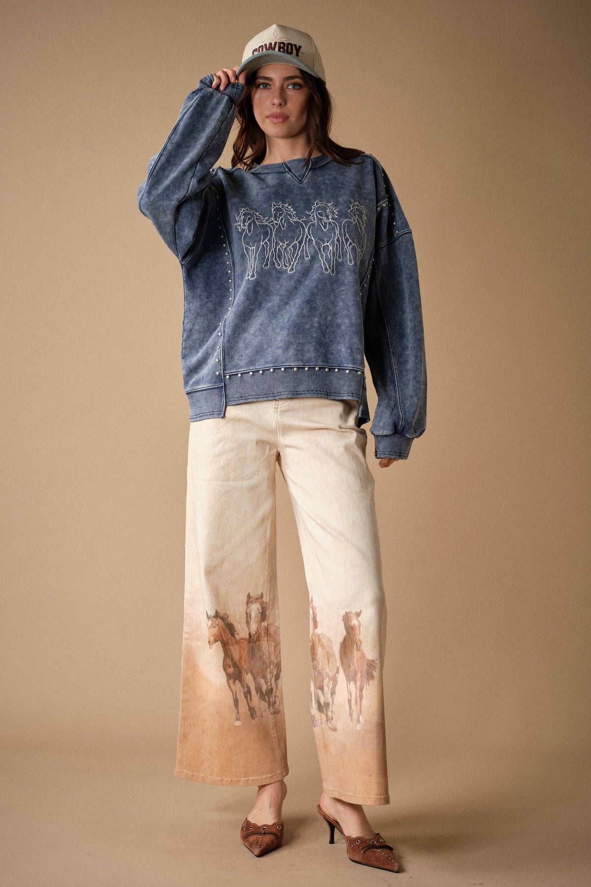 The Brooke Horse Embroidery Stud Sweatshirt
