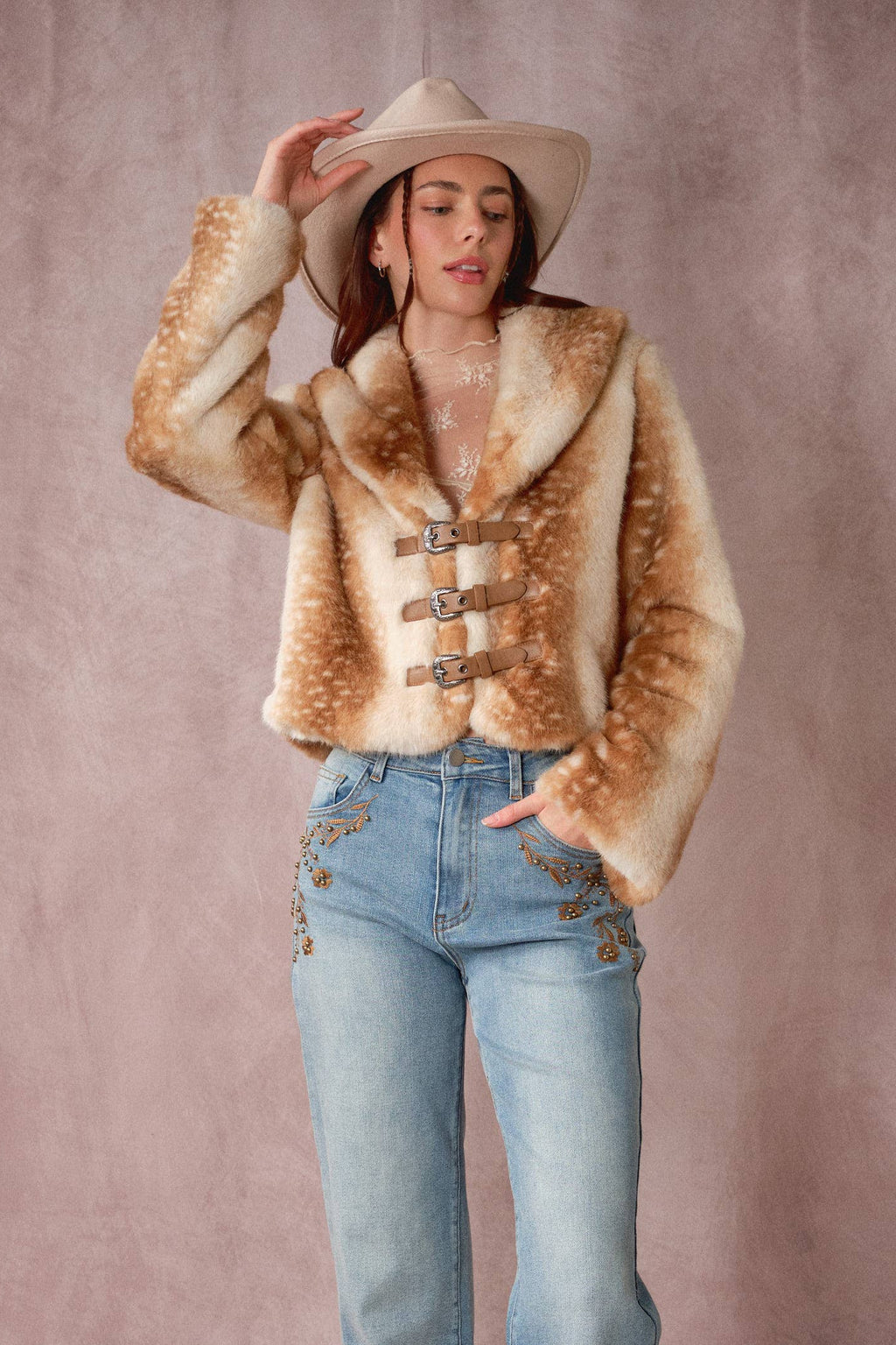 The Audrey Buckled Deer Print Faux Fur Jacket
