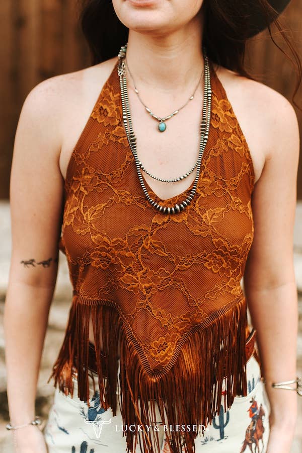 The Ivy Camel Lace Fringe Halter Top