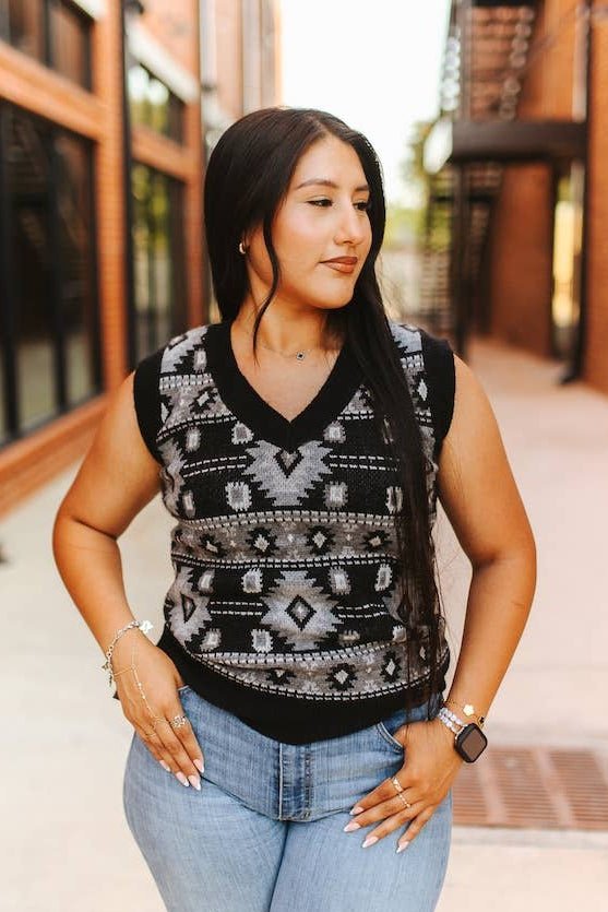 The Black Aztec Knit V-Neck Sleeveless Sweater Top