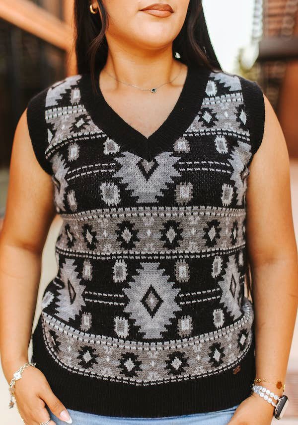 The Black Aztec Knit V-Neck Sleeveless Sweater Top